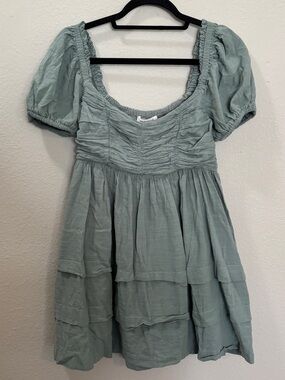 Mustard Seed Sage Green Smocked Puff Sleeve Babydoll Mini Dress Size Medium